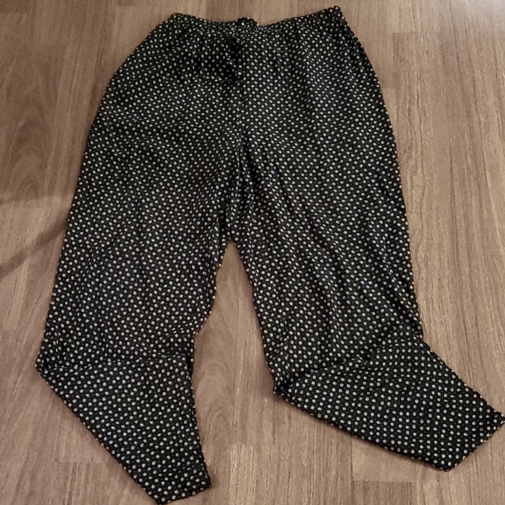 Talbots Women's Elastic Waist White Floral Print Black Drawstring Pants - Medium